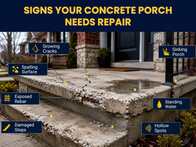 Cracked and spalling concrete porch in Toronto showing signs it needs repair