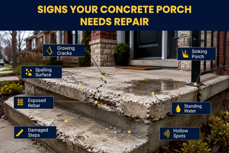 Cracked and spalling concrete porch in Toronto showing signs it needs repair