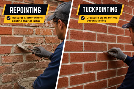 Tuckpointing vs. repointing on a Toronto brick wall showing repaired mortar joints